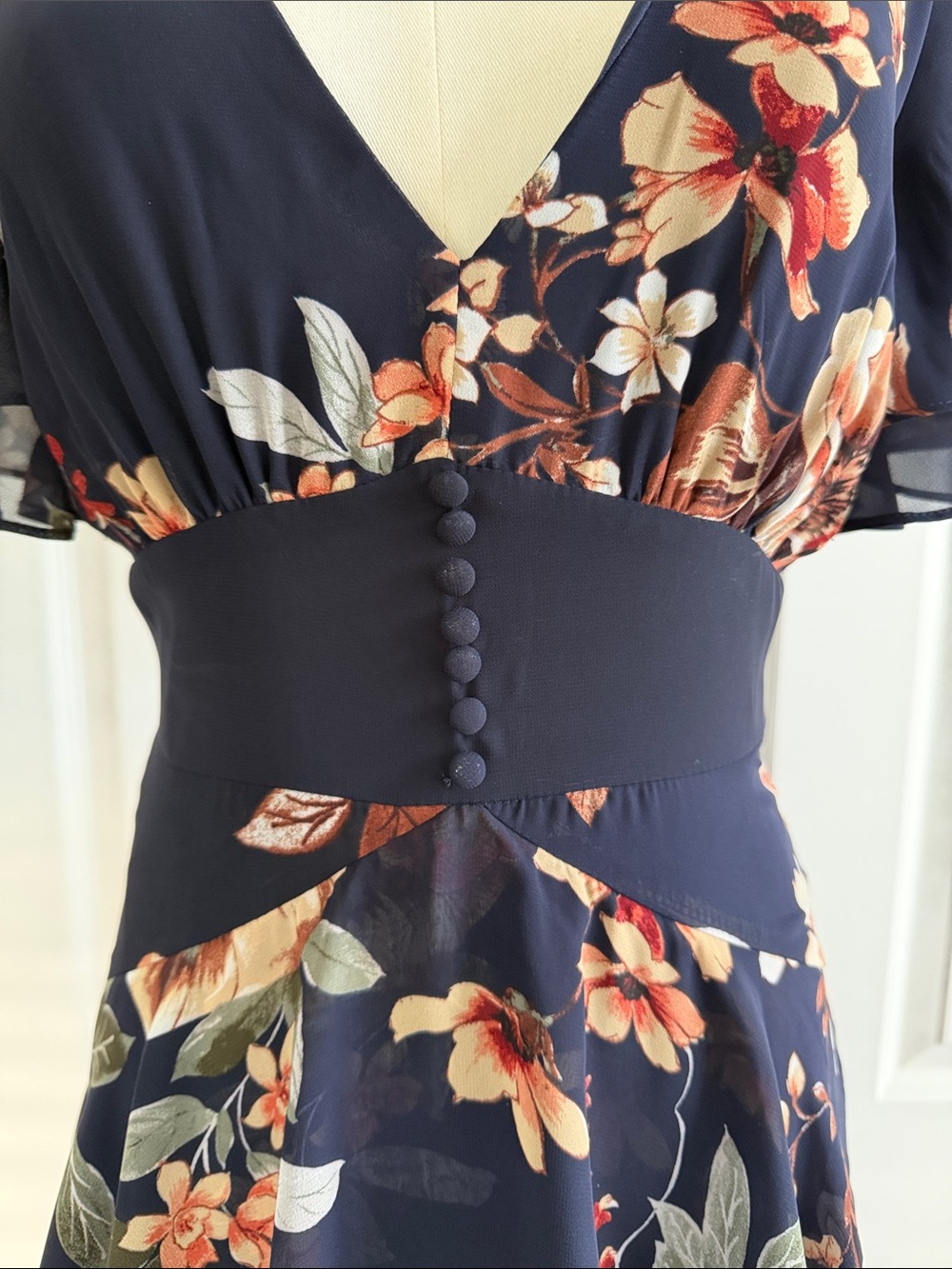 Lulus Midnight Mood Navy Blue Floral Tiered Maxi Dress Rust Cream Blooms Size S - Picture 5 of 16